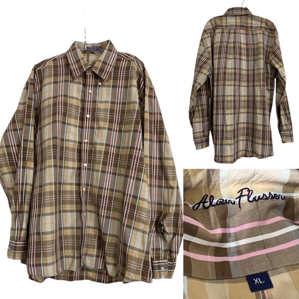 Alan Flusser mens XL tan plaid long sleeve dress shirt business casual fall‎ -9